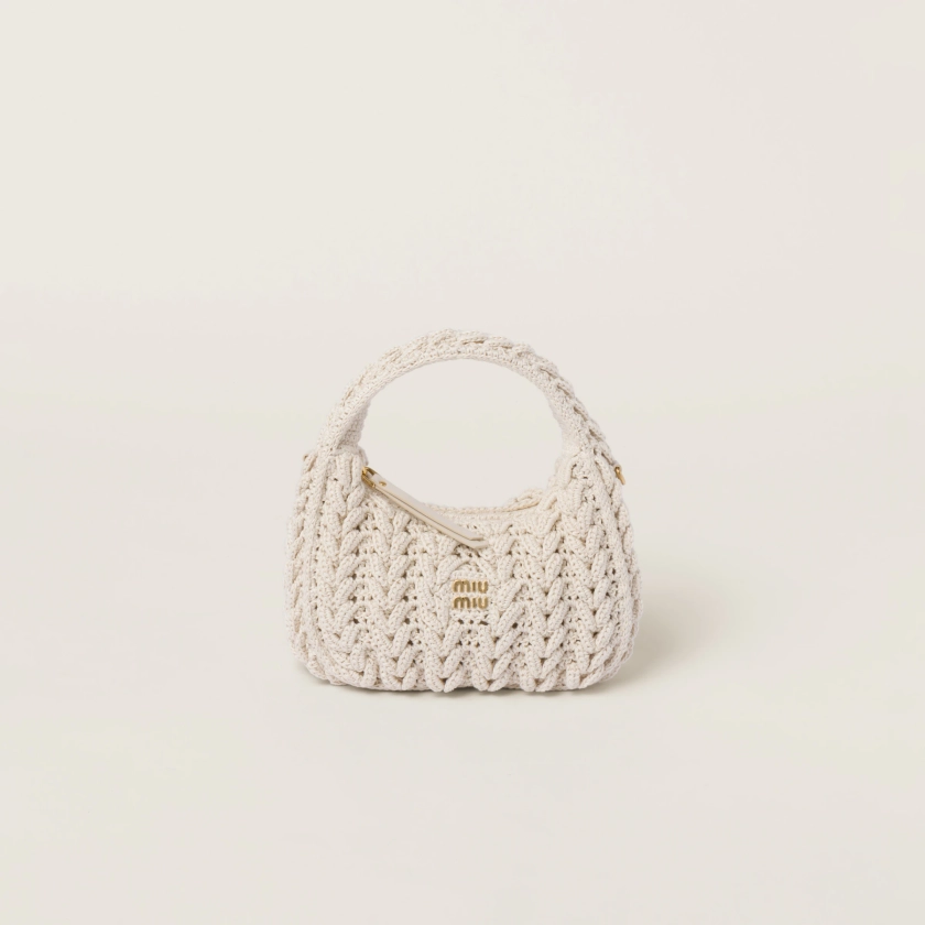 Chalk White Wander Woven Cotton Hobo Bag | Miu Miu
