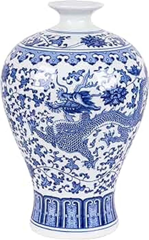 11.9” Classic Blue and White Porcelain Vase,Jingdezhen Art Decor Big Vase,China Handmade Ceramic Flower Bottle (MeiPing)