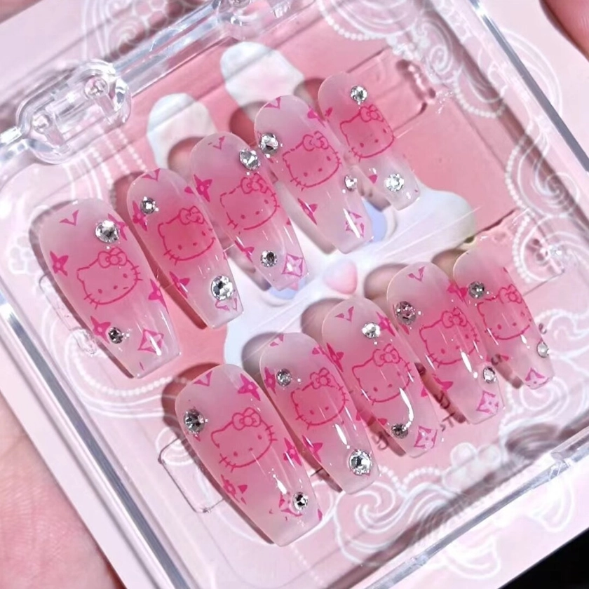 Poudre rose à la main fard à joues kitty mignon appuyez sur les ongles ongles mignons clous de kitty clous d’anime japonais ongles en acrylique