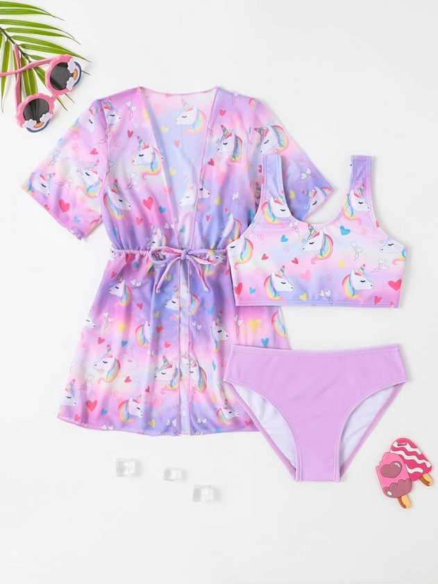 Young Girl 3pc Set Adorable Unicorn & Heart Tie Dye Swimwear With Cover-Up For Sun Protection In Summer