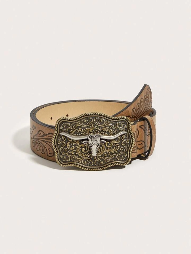 1pc Women's Western Cowgirl Style Vintage Buckle Printed Belt In Antique Gold, Perfect For Daily Wear