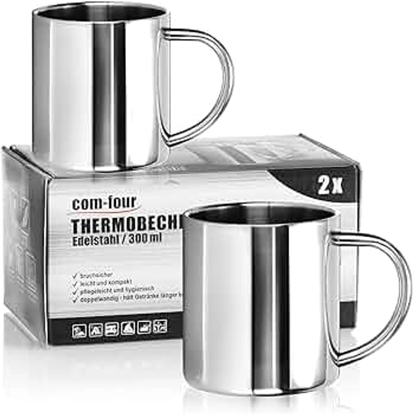 COM-FOUR® 2x RVS thermobeker - 300 ml per mok - dubbelwandige isolerende mok - onbreekbare koffiemok - thermodrinkbeker - campingbeker - beker - BPA-vrij (300ml) : Amazon.nl: Wonen & keuken