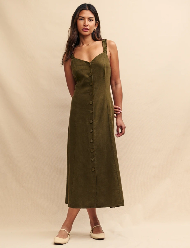 Khaki Green Linen-blend Gill Midi Dress