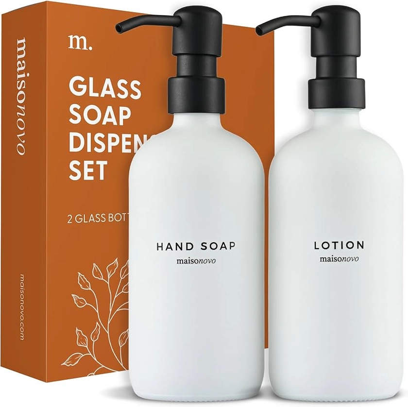Amazon.com: MaisoNovo Bathroom Soap and Lotion Dispenser Set | White Glass Black Pumps x 2 : Office Products