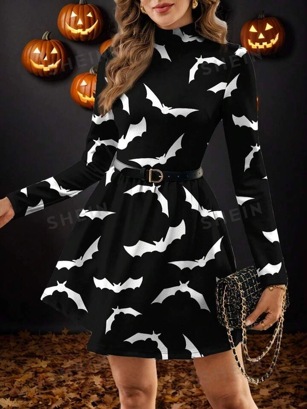 SHEIN Clasi Vestido de cuello de embudo sin cinturón a cuadros, vestido ajustado de manga larga con estampado minimalista casual de Halloween, adecuado para ropa de bruja de otoño e invierno