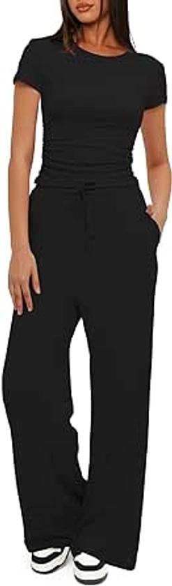 Darong Women's Two Piece Outfits Lounge Sets Ruched Short Sleeve Pullover Tops and High Waisted Pants Tracksuit Sets 9042 Black M 31" Inseam at Amazon Women’s Clothing store