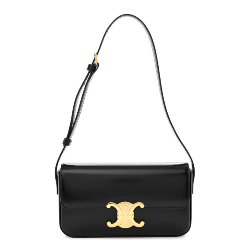 CELINE Shiny Calfskin Triomphe Shoulder Bag Black | FASHIONPHILE