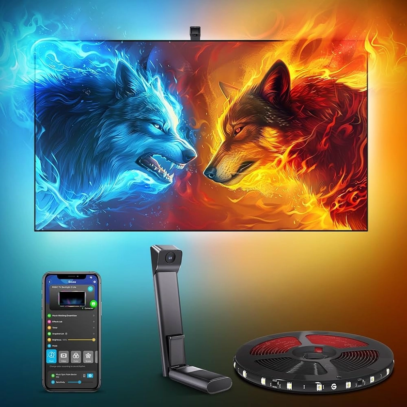 Govee RGBIC TV Backlight 3 Lite avec Correction Fish-Eye Fonction, Synchronisation pour TV 55-65 pouces, Ruban LED WiFi RGBICW 3,6 M avec Caméra, Perle de Lampe 4 Couleurs en 1, Contrôle Vocal et APP