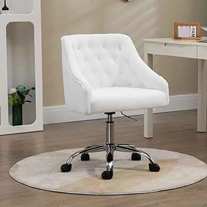 Velvet Office Task Desk Chair for Girls, Modern Vanity Chair for Home Office, Make Up, Bed Room, 360°Swivel Height Adjustable Reception Chair, White