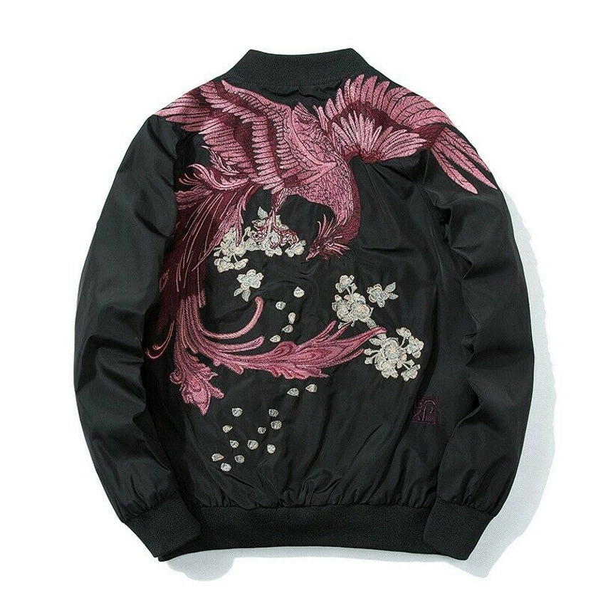 Men&#039;s Sukajan Embroidery Bomber Jacket Japanese BF Reversible Fall Winter Coat