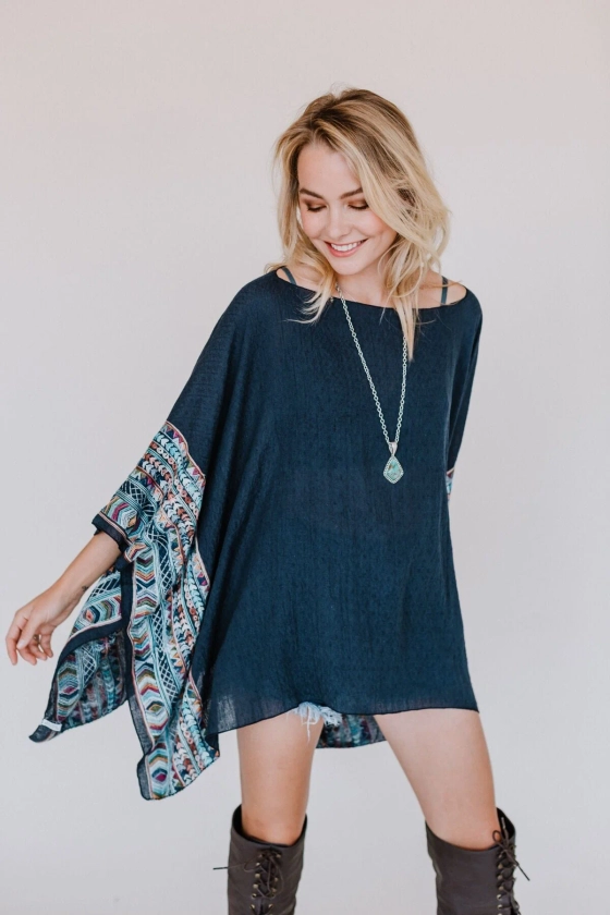Fallon Embroidered Sleeve Poncho - Navy