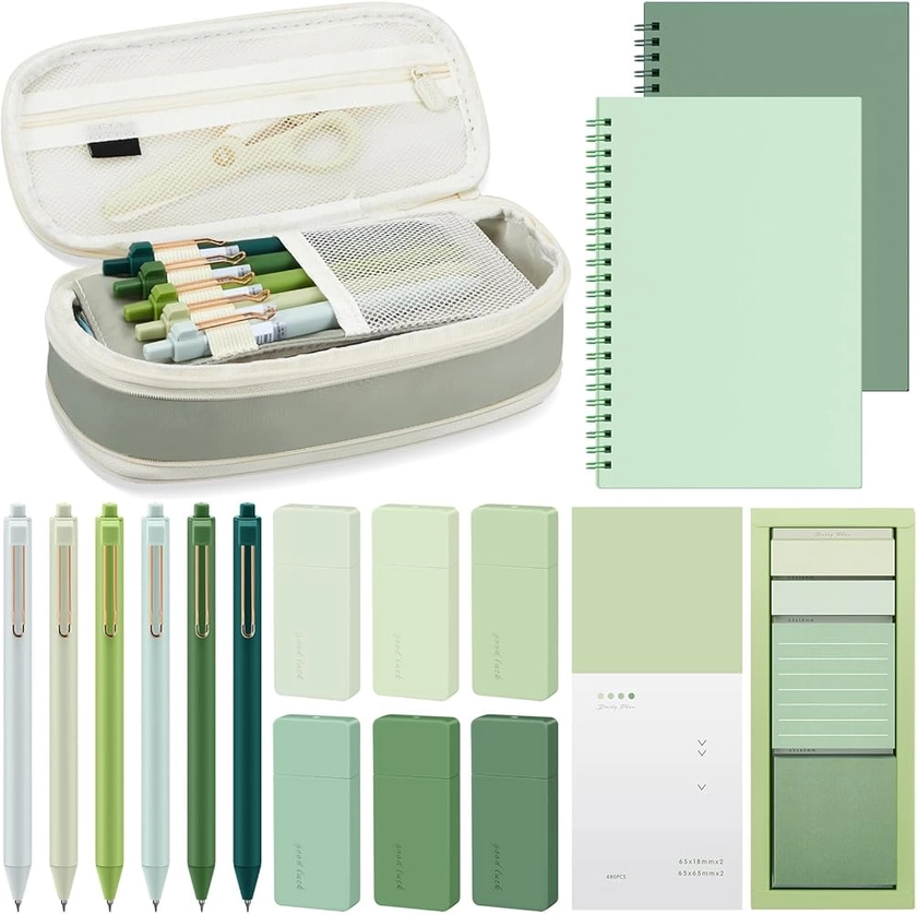 16 Pcs Green School Supplies Cute Large Pencil Case 6 Retractable Black Ink Gel Pens 2 Ruled Spiral Notebook 6 Correction Tape 480 Sheets Sticky Notes Aesthetic Stationery Set for Study Office