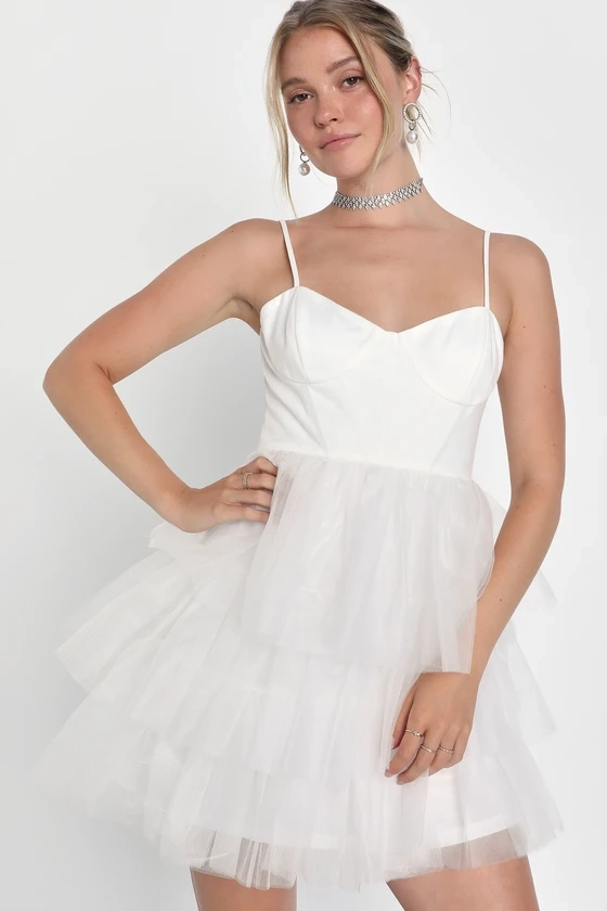 Rule the Runway White Tulle Bustier Tiered Mini Dress