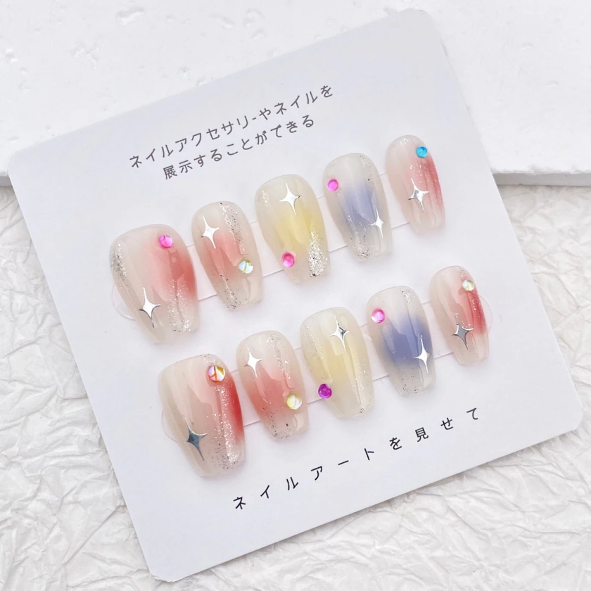 Summer Bright Colorful Nail/Lovely Y2k Star Nail/Handmade Press on Nail/Cute Medium Acrylic Nail/Simple Pretty Party Birthday Nail