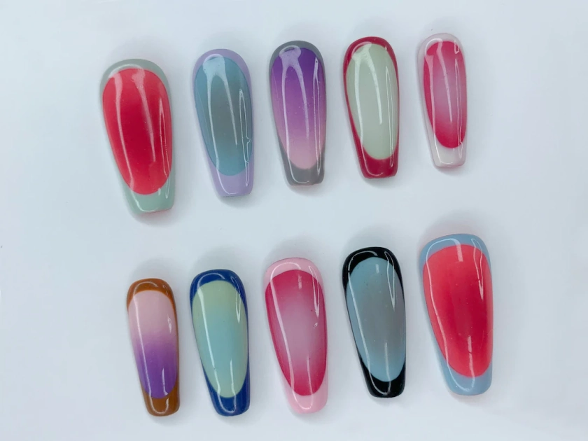 Frenchie Colorful Press On Nails | French Tip Coffin Almond Nails | Gift for Her | Ombre Impress Fake Nails | Cute Nails | JC490SC