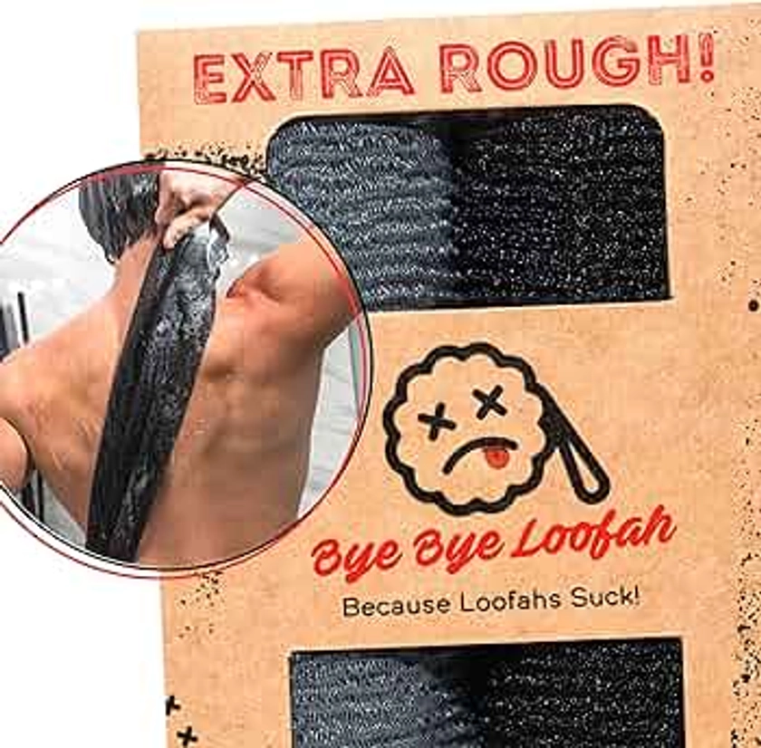 Extra Rough Exfoliating Washcloth - Extreme Body & Back Scrubber for Shower, Extra Long, Hygienic Exfoliator Wash Cloth, Men Or Women, 2 Count Pack, 1 Black & 1 Grey Color, Bye Bye Loofah