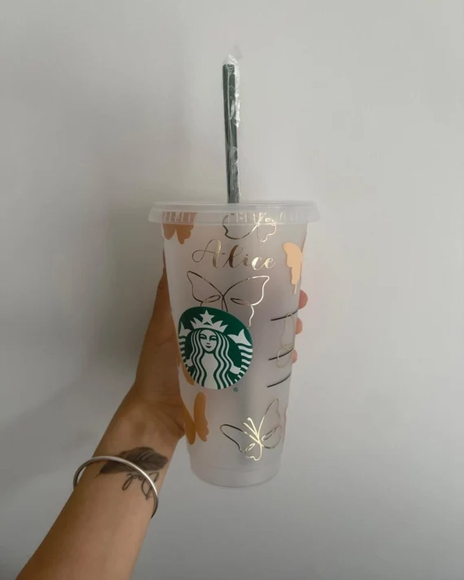Starbucks Cup- Personalised Metallic Gold Butterfly Cup, UK Inspired, Cold Cup, Birthday Gift, Reusable, Lid & Straw