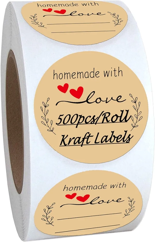 Homemade with Love Stickers 500PCS, 1.5 Inch Brown Kraft Label Stickers for Canning Bottles, Storage Bins, Food, Jars, Gift Tags, Homemade Products, Price Tags