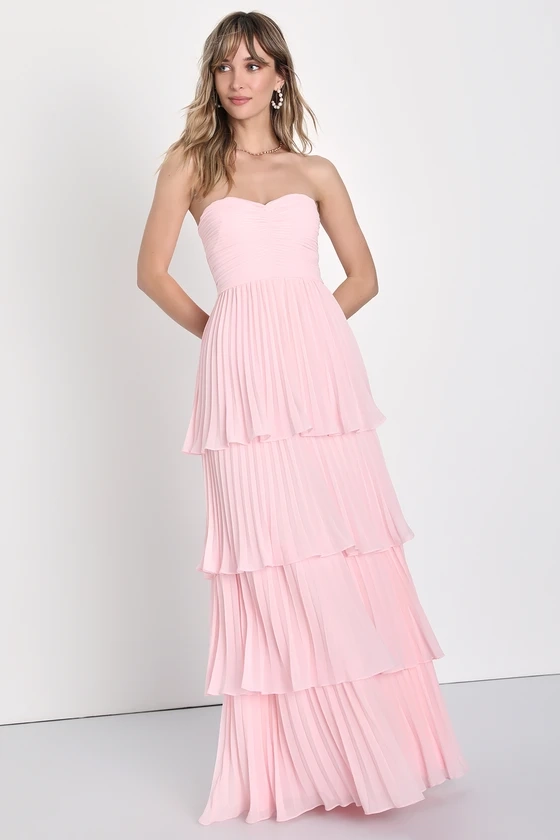 Seriously Sensational Light Pink Strapless Tiered Maxi Dress