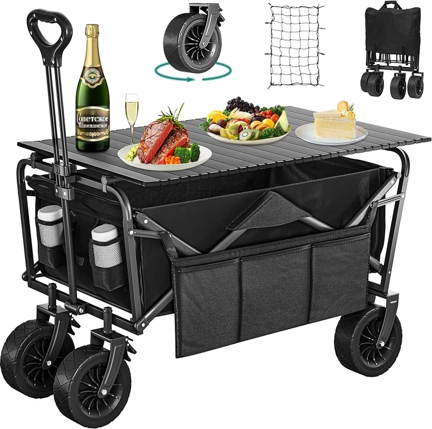 YITAHOME Beach Trolley with Big Universal Wheels, Folding Wagon with table 2 Drink Holders, Large Capacity 220 lbs Adjustable Handle Height, Festival Trolley for Outdoor Garden Picnics (Blue) : Amazon.co.uk: Garden