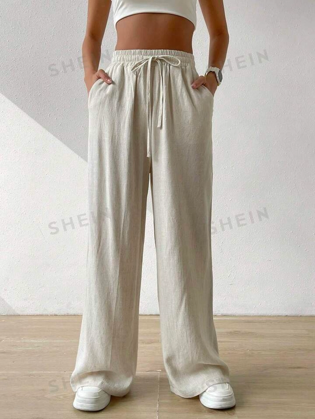 SHEIN EZwear Pantalon Large En Lin Taille Haute Avec Cordon De Serrage Pour Femme, Couleur Beige Unie De L'été