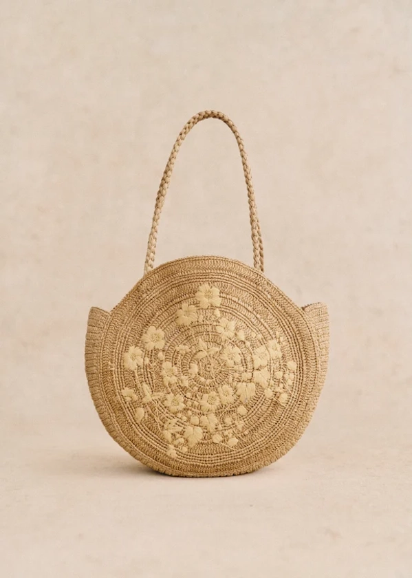 June Basket - Dark Natural Flower Embroidery - Raffia - Sézane