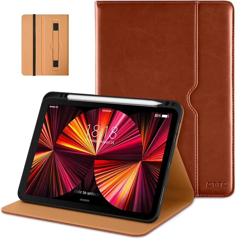 DTTO Case for iPad Pro 11 Inch 4th / 3rd / 2nd / 1st Generation 2022/2021/2020/2018,Premium PU Leather Folio Stand Cover with Hand Strap, Auto Wake/Sleep,Multiple Viewing Angles, Brown