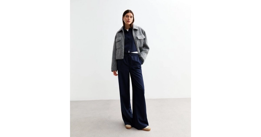 Navy Pinstripe Drawstring Wide Leg Trousers | New Look