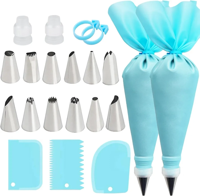Piping Bags and Tips Set, Reusable Cake Decorating Supplies with 2 Reusable Bags, 12 Icing Tips, 2 Silicone Rings, 2 Couplers and 3 Scrapers, Cake Baking Tools for Cookie Icing Cupcakes