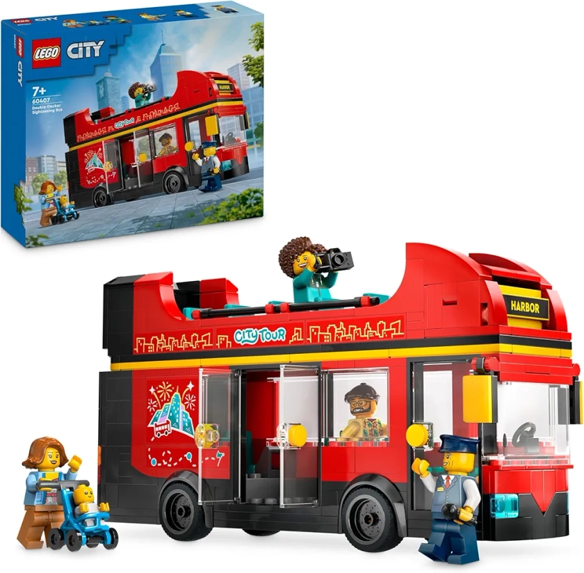 LEGO City Le Bus Rouge à Deux Étages, Car Jouet, Véhicule pour Enfants Garçons et Filles dès 7 Ans, Cadeau de Fêtes ou d’Anniversaire, 5 Personnages Dont Un Bébé et Une Poussette 60407