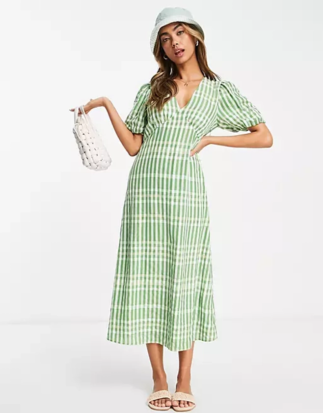 & Other Stories puff sleeve midi dress in green check print