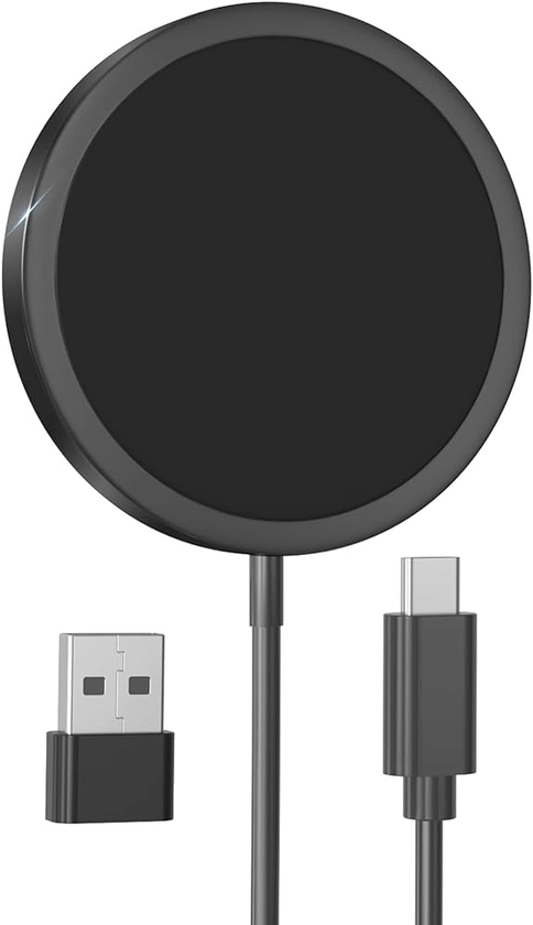 Chargeur sans Fil pour iPhone 15W, Apple Chargeur Rapide Mag-Safe pour iPhone, Chargeur Magnétique avec Câble USB-C et Convertisseur USB-A pour iPhone 15/14/13/12 Series et AirPods 3/2/Pro-Noir