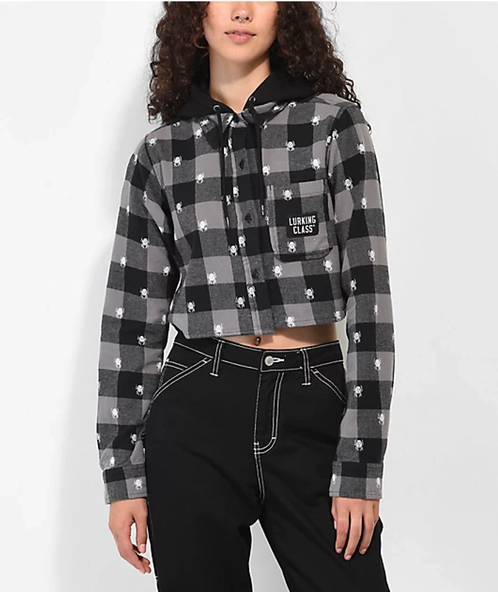 Lurking Class by Sketchy Tank Spider Black Crop Hooded Flannel Shirt