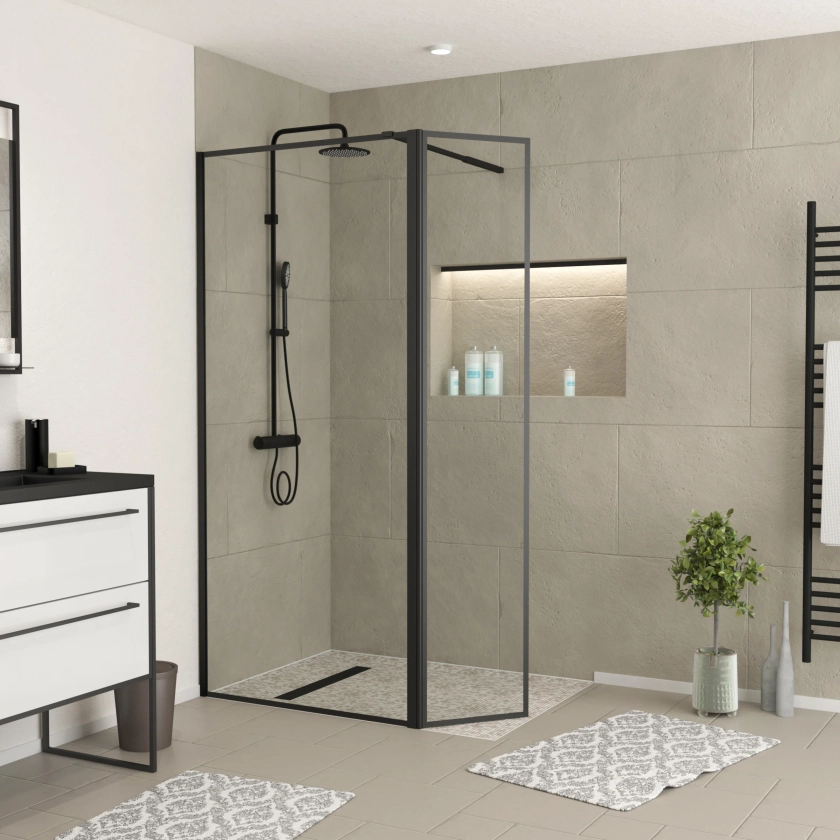 Paroi de Douche avec Volet Pivotant - Cadre et Bras Alu. NOIR MAT - 90+40x200cm - DARK CONTOURING | Leroy Merlin