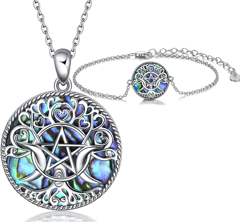 YFN Triple Moon Goddess Necklace Bracelet Set Sterling Silver Pentagram Pentacle Pace Sterling Silver Pentagram Pentacle Pendant necklace Pagan Wiccan Magic Amulet Tree of Life Jewelry