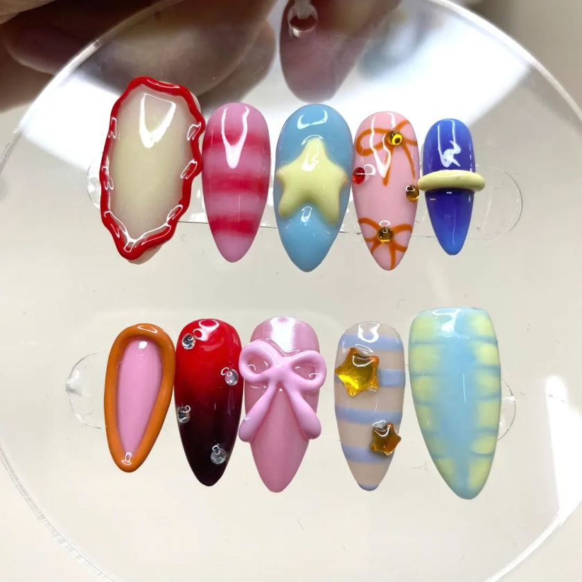 Summer Sea Freestyle Press On Nails, Pink Bow Star 3D Gel Cute Faux Acrylic Design, Almond Custom Nailbox, Wear Nail, Round, Handmade Gifts