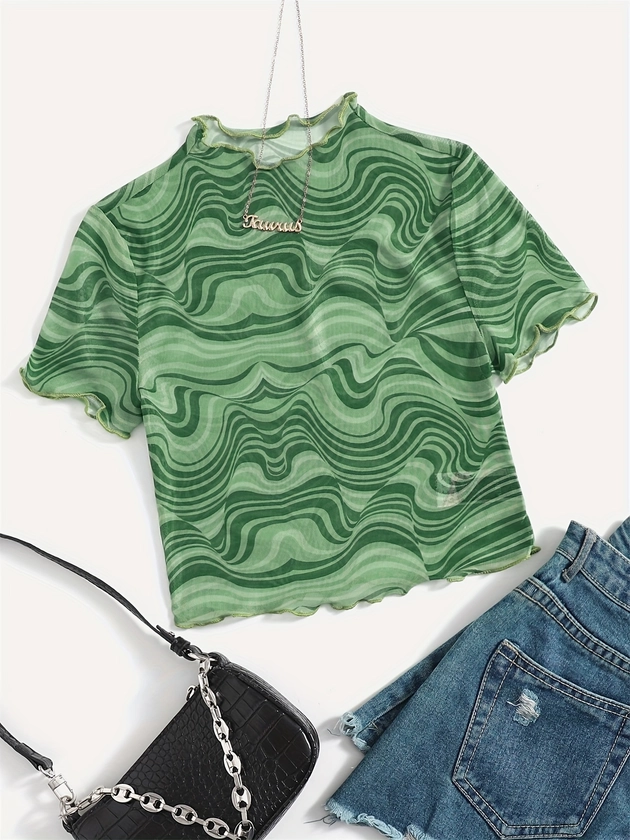 Lettuce Trim Mesh Crop T-shirt, T2K Abstract Print Crop Top For Spring & Summer, Women's Clothing