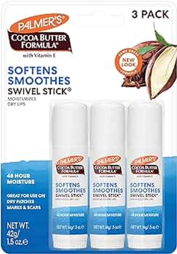 Palmer's Cocoa Butter Formula Moisturizing Swivel Stick with Vitamin E, Lip Balm Easter Basket Stuffer, Face & Body Moisturizer Stick Ideal for Treating Dry Skin Patches (Pack of 3)