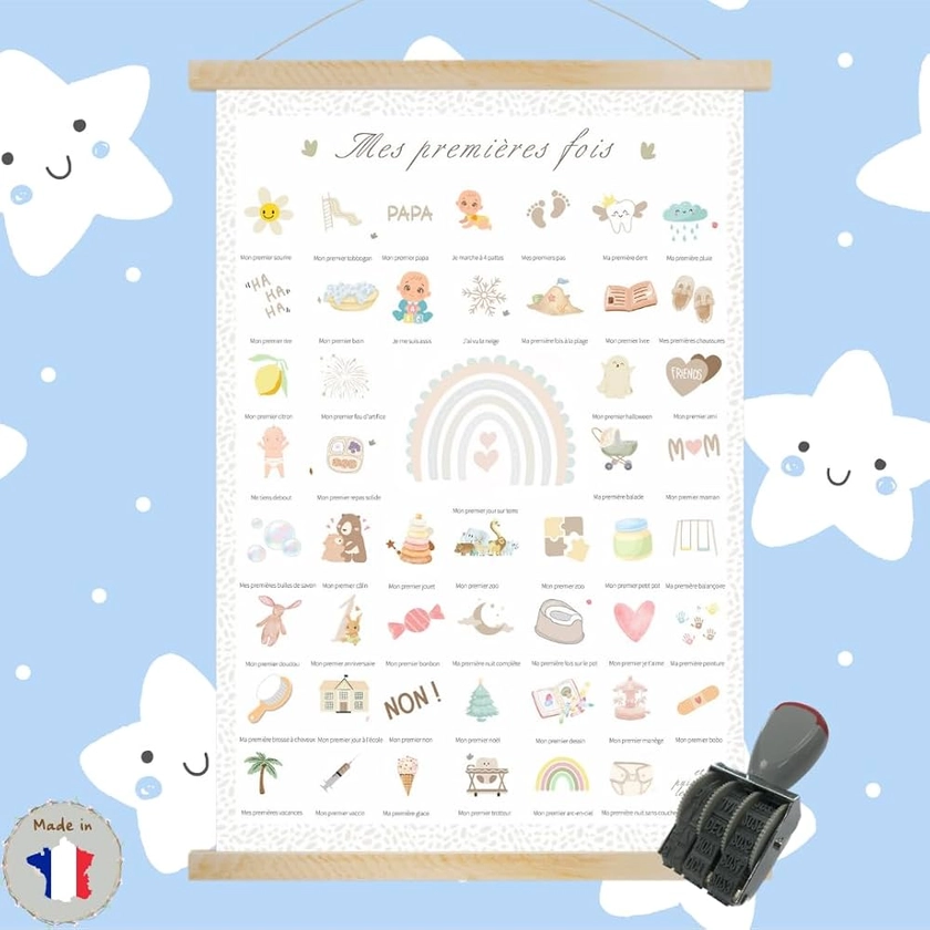 Affiche "Mes Premières Fois" à tamponner - Cadeau de naissance personnalisé bébé fille garcon - boite souvenir parents jeune maman- Décoration chambre (COFFRET Affiche + Cadre baguette + Tampon)