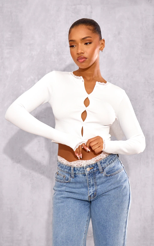 White Lace Trim Contour Rib Button Up Long Sleeve Top