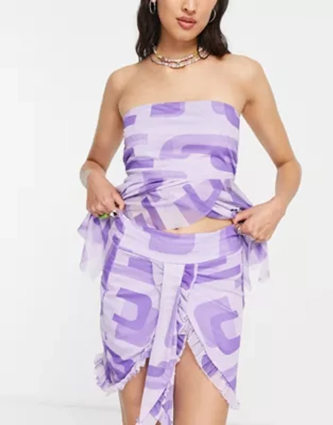 Another Reason geo print mesh mini skirt co-ord in lilac