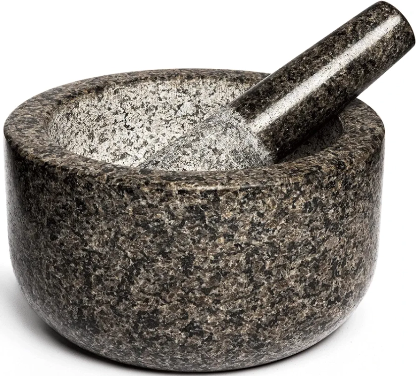 Heavy Duty Large Mortar and Pestle Set,100% Granite, Non Slip Base, Make Fresh Guacamole, Salsa, Pesto, Stone Grinder Bowl, Herb Crusher, Spice Grinder, 4 Cup, Black