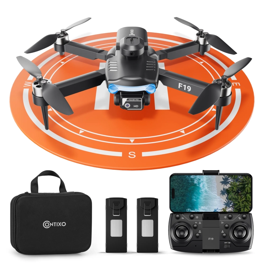 Contixo F19 Foldable Drone with Camera, 1080P HD, FPV Mini Drone for Kids & Adults, Obstacle Avoidance, Follow Me, LED Lights - Black