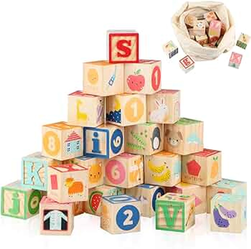 Joqutoys ABC Wooden Building Blocks for Toddlers 1-3 Large, 26 PCS Alphabet & Number Stacking Blocks, Educational Learning Toys for Boys Girls Kids Gifts 1.65''