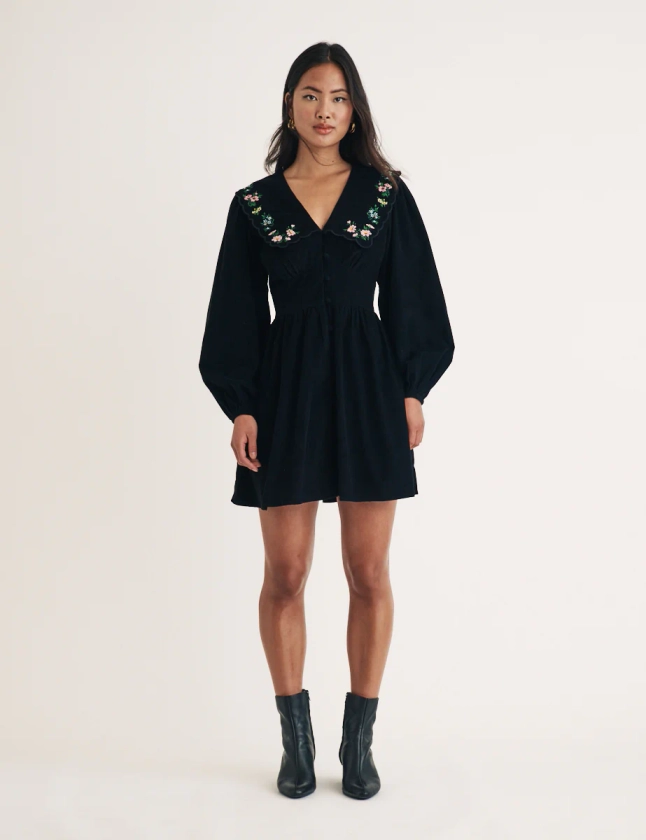 Black Cord Floral Embroidered Birdie Mini Dress