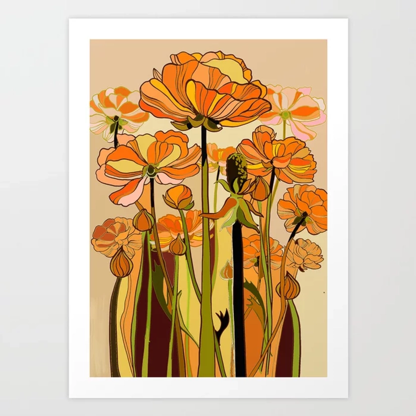 70s, Orange California poppies, mid century, 70s retro, flowers Art Print