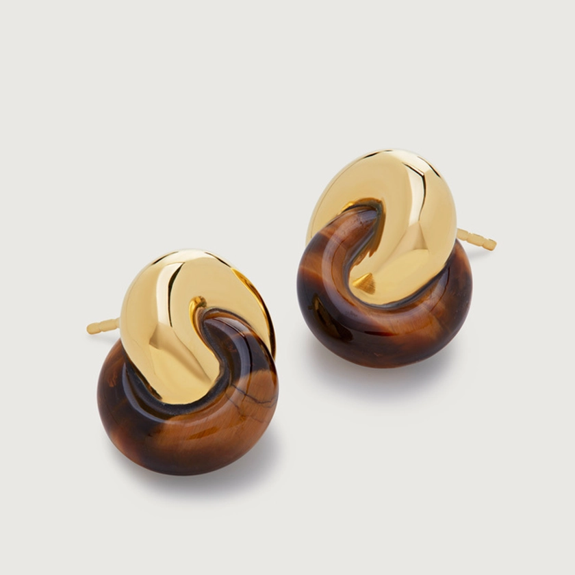Gold Vermeil Kate Young Gemstone Link Stud Earrings - Tigers Eye