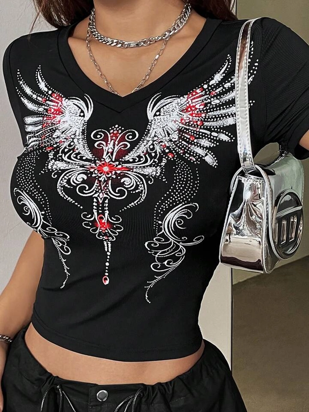 Goth Rhinestone Vine Wings Pattern Tight Short-Sleeved T-Shirt