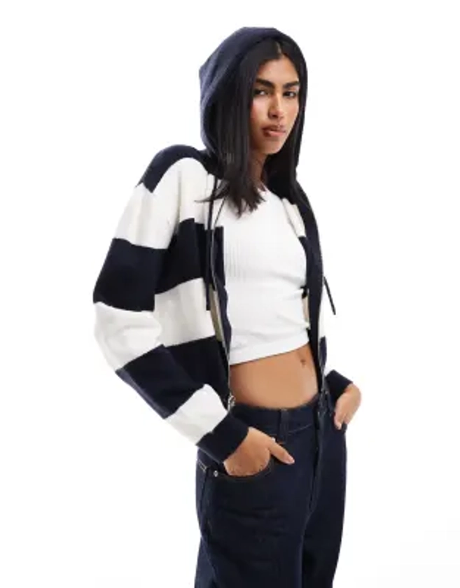 Miss Selfridge zip through crop knit hoody in mono stripe | ASOS