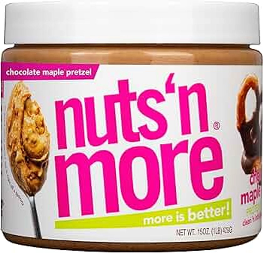 Nuts ‘N More Chocolate Maple Pretzel Peanut Butter Spread, Added Protein All Natural Snack, Low Carb, Low Sugar, Non-GMO, High Protein Flavored Nut Butter (15 oz Jar)